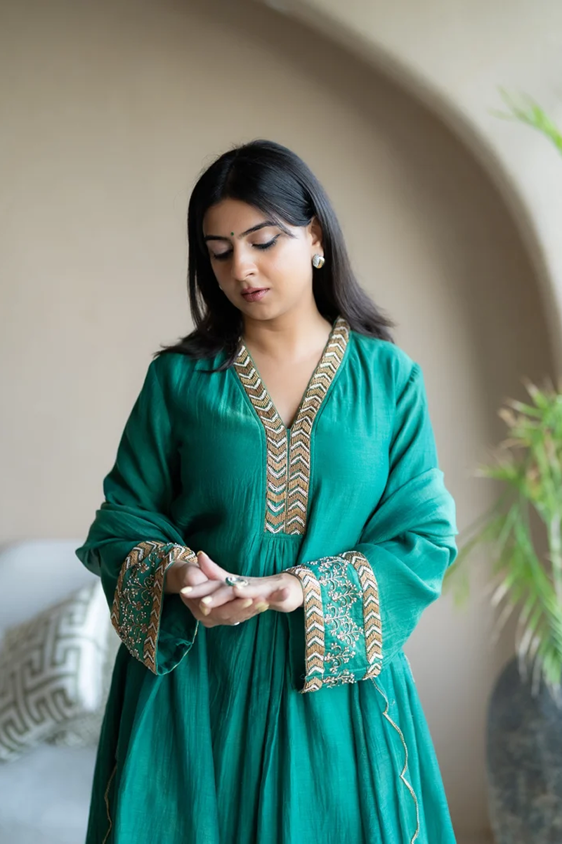 Panna Green Chanderi Kurta set with Dupatta