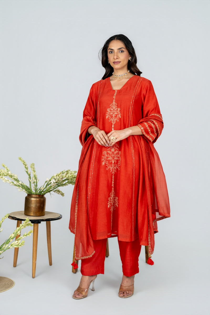 Surmayi saffron Chanderi Kurta Set With Dupatta
