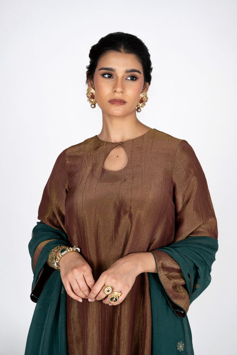 Zareen Bronze Kurta Set with Emerald Dupatta