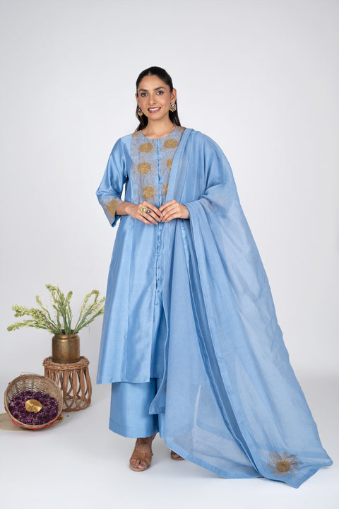Aasmani Sunflower Kurta set With Chanderi Dupatta