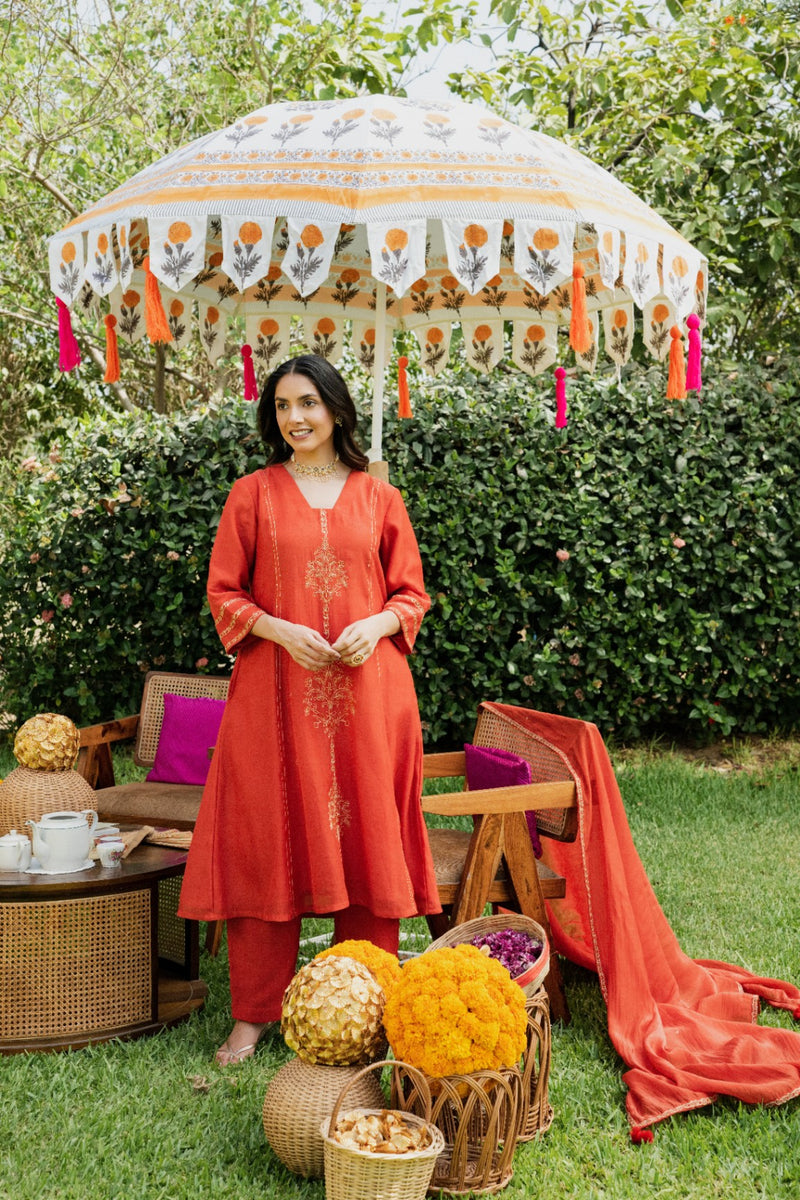 Surmayi saffron Chanderi Kurta Set