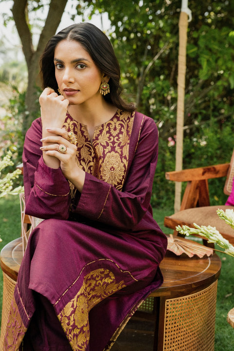 Burgundy Zari Panel Kurta Set
