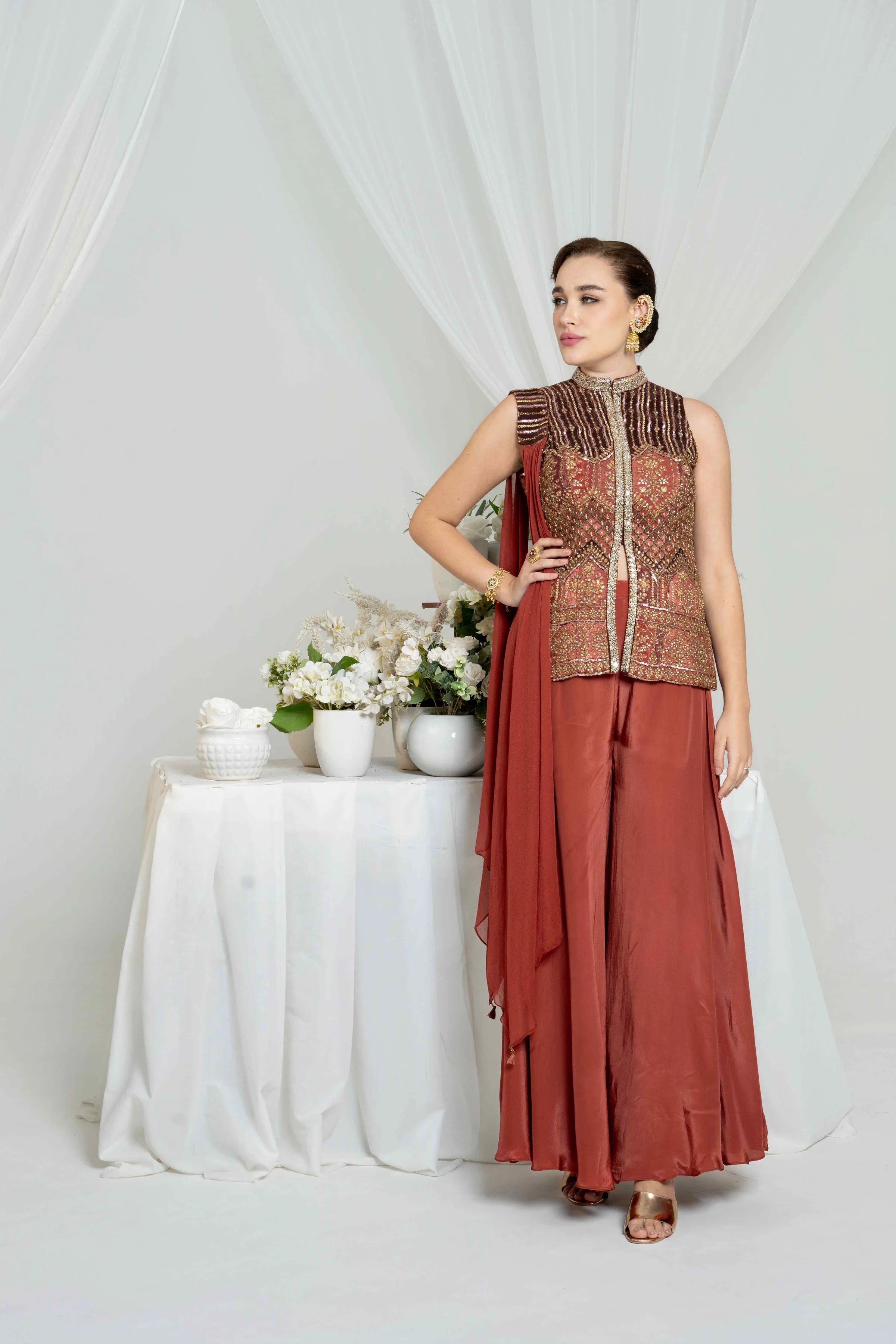 Rust Embroidered Jacket Set