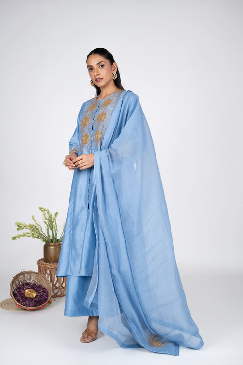 Aasmani Sunflower Kurta set With Chanderi Dupatta